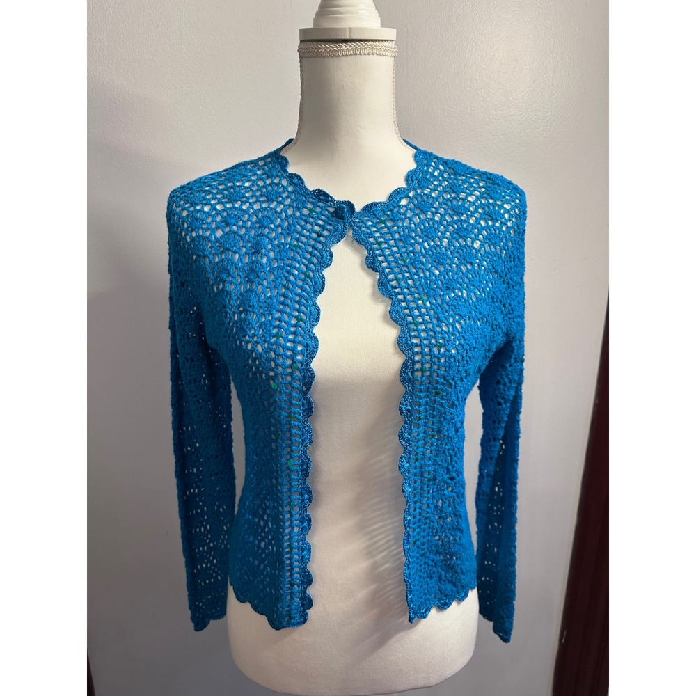 Vintage R&K Original Petite Women 6P Azure Blue Crochet Sequin Cardigan Sweater